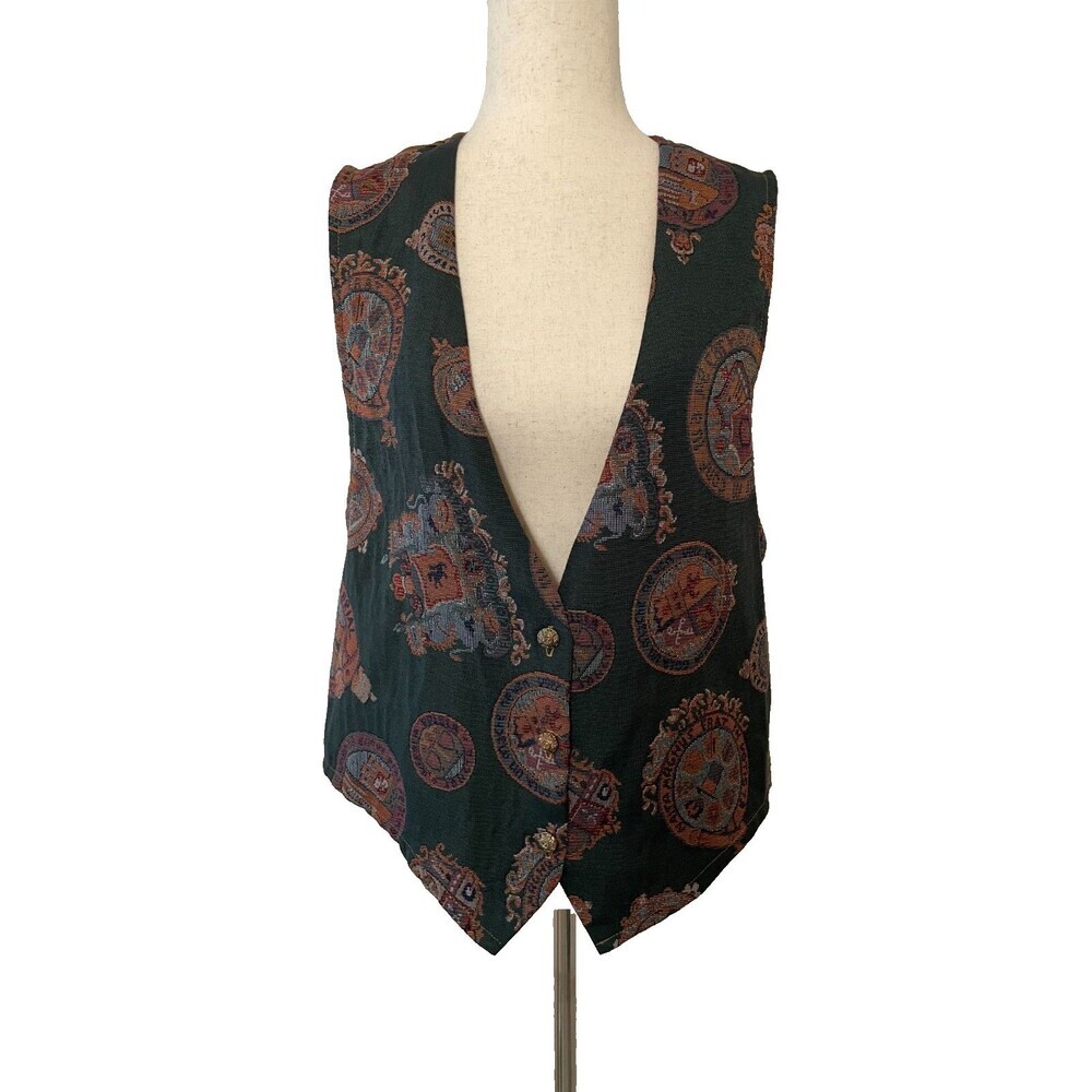 Vintage 90s Equestrian Print Vest Womens Large Tapestry Academia Preppy